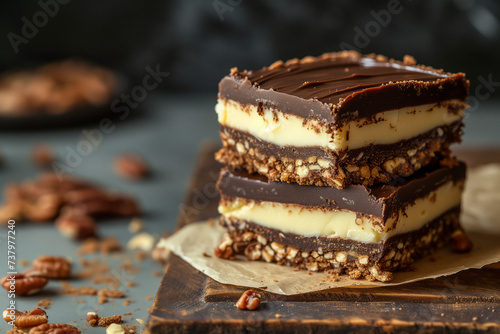 Nanaimo bars - traditional Canadian dessert with wafer crumbs, almond, walnut and cocoa layer, vanilla custard filling and chocolate topping. Canadian popular dish photo