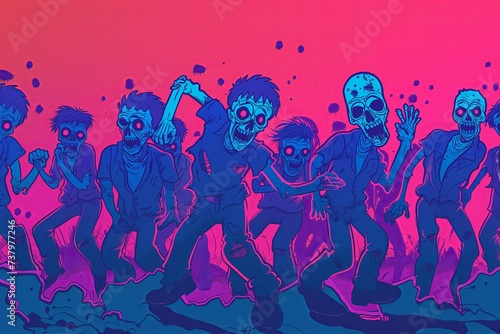 A group of zombie zombies standing together in front of a vibrant pink and blue background.