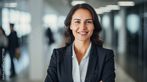 Executive Business career beauty woman smiling and standing confidently wearing formal office work clothes in spacious corporate office space created with Generative AI Technology