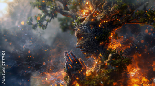 Environmental issue concept of a humanised burning tree praying