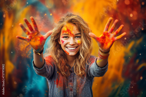 Girl with Paint-Stained Hands amidst Flying Colors, Vibrant and Creative Portrait Capturing Artistic Expression, Colorful Splashes in Motion as Background, Joyful and Messy Artistic Endeavors ©  Princess Turandot