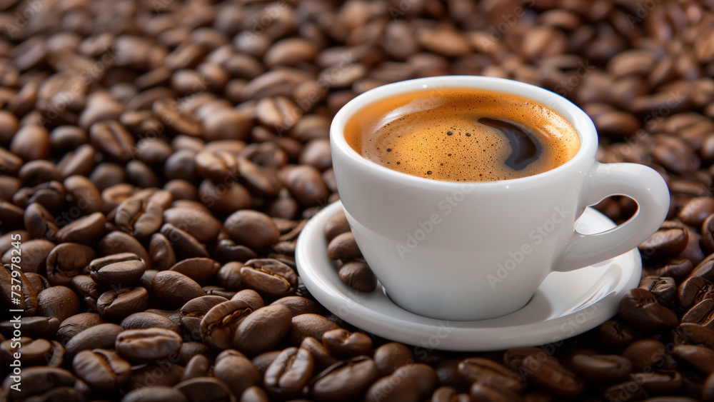 A cup of espresso coffee on a pile of coffee beans, wallpaper with copy space A cup of espresso coffee on a pile of coffee beans, wallpaper with copy space