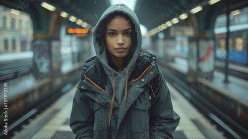 Young woman in a jacket at a subway station.