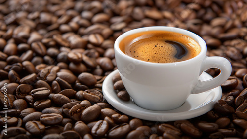 A cup of espresso coffee on a pile of coffee beans, wallpaper with copy space