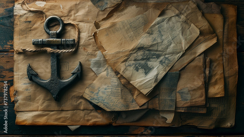 A captivating image showcasing a collection of ancient paper documents and a weathered anchor displayed on a textured wooden table