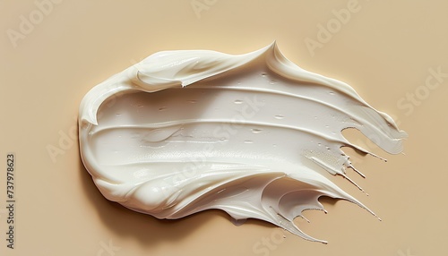 Cream swatch isolated on neutral background, top view. White cream on background flat lay. Skincare concept of a creamy moisturise product placement