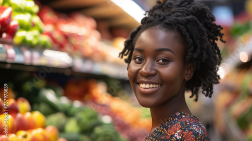 Radiant Shopper: African Woman Smiles as She Navigates Supermarket Aisles, Carefully Selecting Groceries and Healthy Options. Capturing the Joy of Shopping for Quality Food in the Mall