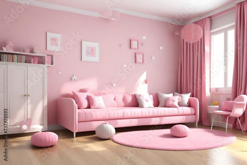 Pink children s room with a sofa 3d image
