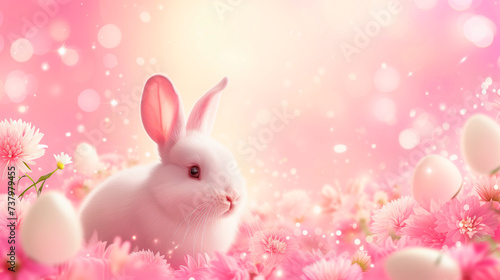 Easter background cute little bunny with easter eggs and spring flowers