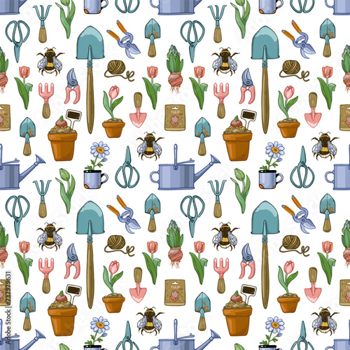 Seamless pattern with garden tools, tulips, flowers in pots, watering cans, scissors, bees.