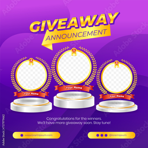 Giveaway winner announcement social media post banner template with 3d element