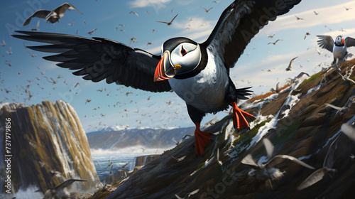 Puffin Fratercula arctica with beek full of eels photo