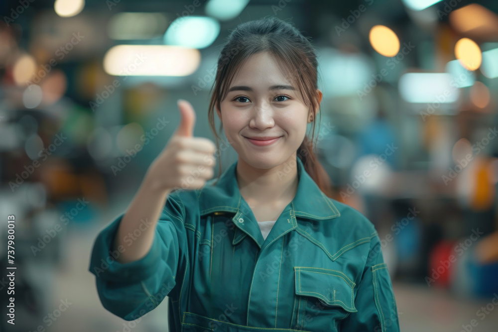 Portrait of a young asian woman mechanic giving thumbs up smiling looking at camera with happy expression and satisfied with car repair service giving thumbs up Portrait of a young asian woman mechanic giving thumbs up smiling looking at camera with happy expression and satisfied with car repair service giving thumbs up