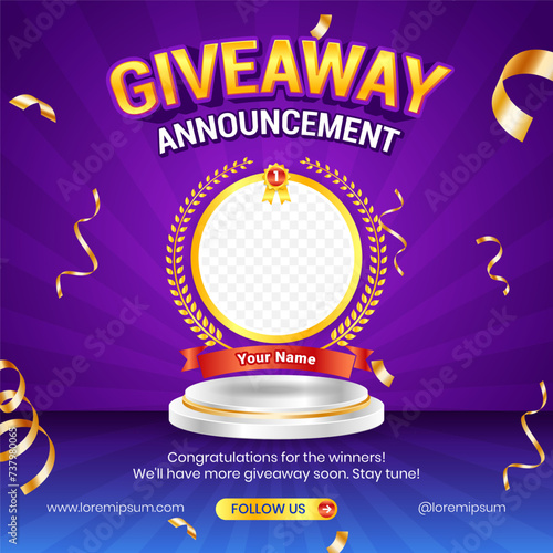 Giveaway winner announcement social media post banner template with 3d element