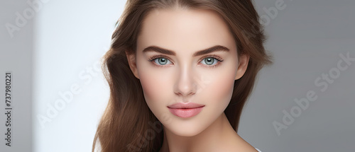 closeup of beautiful young glamorous brunette woman Face model with fresh and healthy skin with natural makeup for Cosmetology, beauty, skincare and spa
