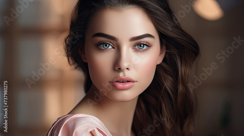 closeup of beautiful young glamorous brunette woman Face model with fresh and healthy skin with natural makeup for Cosmetology, beauty, skincare and spa create with Generative AI Technology photo