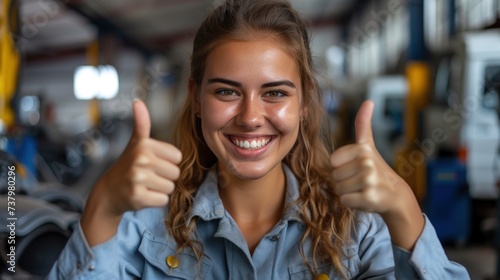 Portrait of A young woman mechanic giving thumbs up smiling looking at camera with happy expression and satisfied with car repair service giving thumbs up.