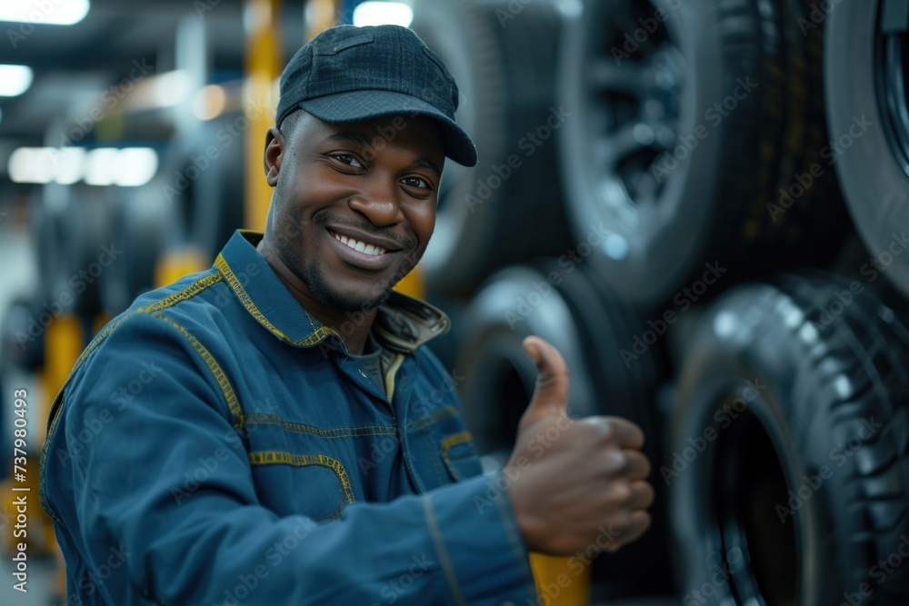 Portrait of male mechanic giving thumbs up smiling looking at camera with happy expression and satisfied with car repair service giving thumbs up at tire change shop Portrait of male mechanic giving thumbs up smiling looking at camera with happy expression and satisfied with car repair service giving thumbs up at tire change shop