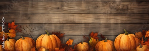 yellow pumpkin on a wooden table with a brown wooden wall background, with empty space for text