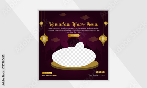 Special ramadan delicious iftar menu sale social media post or banner design template with moon, mosque, lantern and ornamental background.