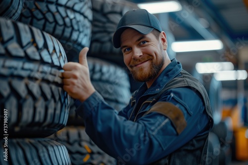 A male mechanic giving thumbs up smiling looking at camera with happy expression and satisfied with car repair service giving thumbs up in tire shop