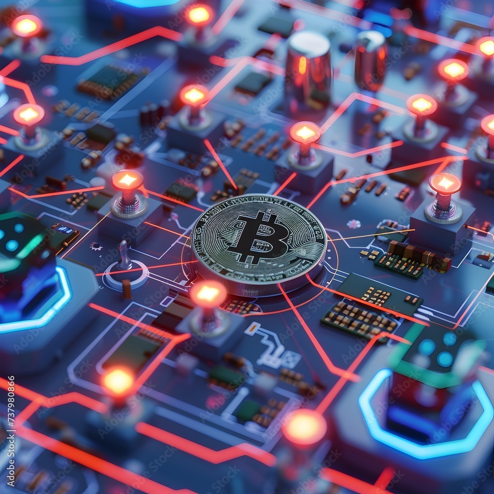 Bitcoin on Circuit Board in Luminous 3D Style