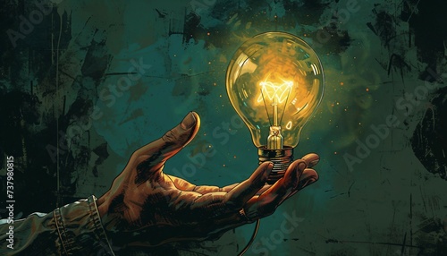 Eureka Moment, Illustrate a eureka moment with an image of arm fingers grasping a light bulb, representing the moment of sudden realization or discovery, AI