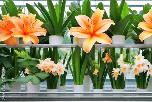 Blooming amarylis lily with peach flowers and buds on the shelves of a greenhouse, flower shop. Indoor ornamental plants. photo