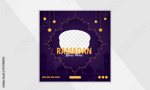 Special ramadan delicious iftar menu sale social media post or banner design template with moon, mosque, lantern and ornamental background.