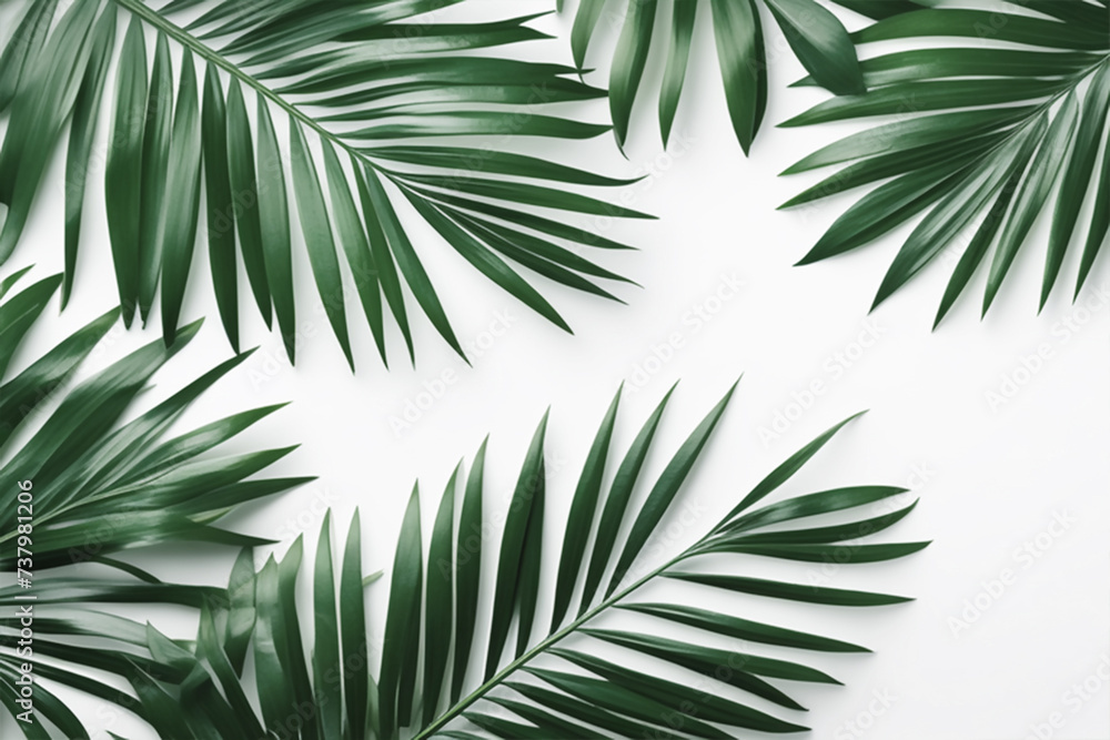 Background with exotic tropical green leaves of palm tree, chamedorea. Bright leaves on a white background.