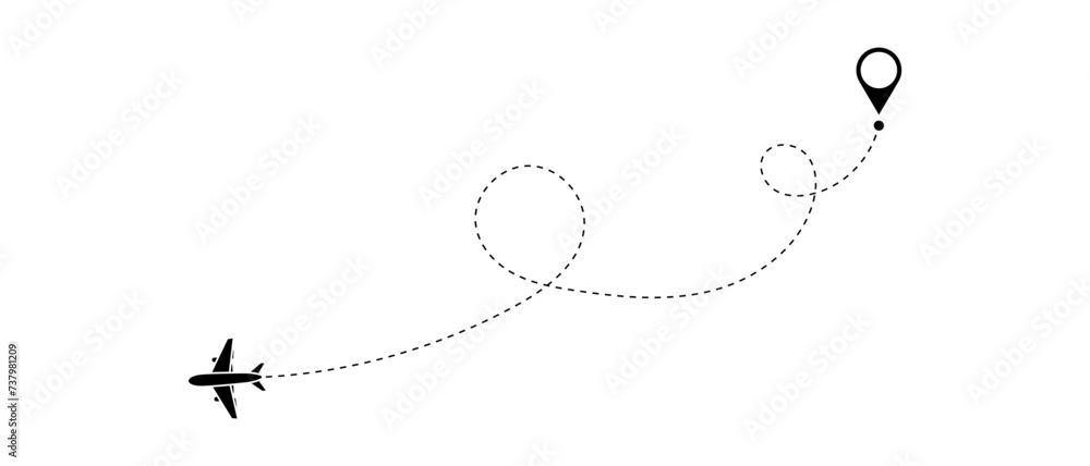 Airplane routes set. Aircraft planes tracking, travel, location pins, map pins. Route icon - two points with dotted path and location pin. Route location icon two pin sign and dotted line. Airplane routes set. Aircraft planes tracking, travel, location pins, map pins. Route icon - two points with dotted path and location pin. Route location icon two pin sign and dotted line.