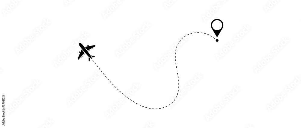 Airplane routes set. Aircraft planes tracking, travel, location pins, map pins. Route icon - two points with dotted path and location pin. Route location icon two pin sign and dotted line. Airplane routes set. Aircraft planes tracking, travel, location pins, map pins. Route icon - two points with dotted path and location pin. Route location icon two pin sign and dotted line.