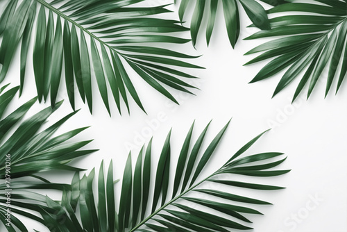 Background with exotic tropical green leaves of palm tree, chamedorea. Bright leaves on a white background. photo