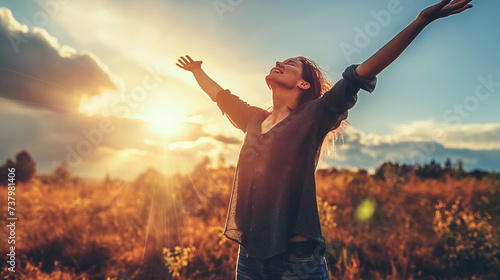 Smiling woman with arms raised in sunset photo