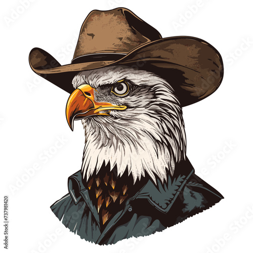 American bald eagle with cowboy hat, vector illustration.