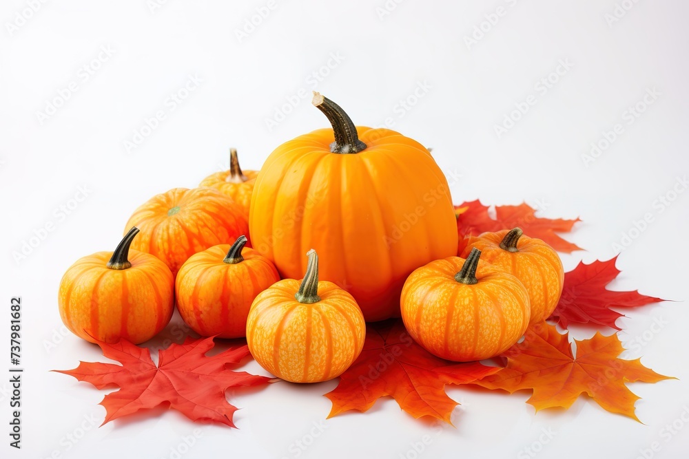 Pumpkins are yellow with autumn leaves on a white background Pumpkins are yellow with autumn leaves on a white background