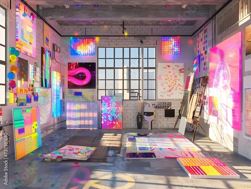 Colorful Artwork Exhibition in Loft with Bright Lights