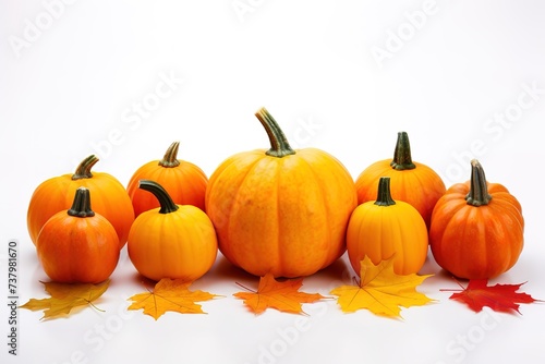 Pumpkins are yellow with autumn leaves on a white background