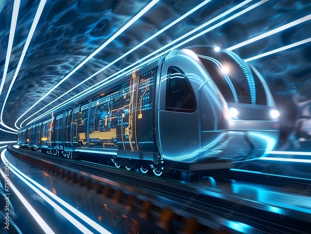 Futuristic Train in Tunnel with Blue Light