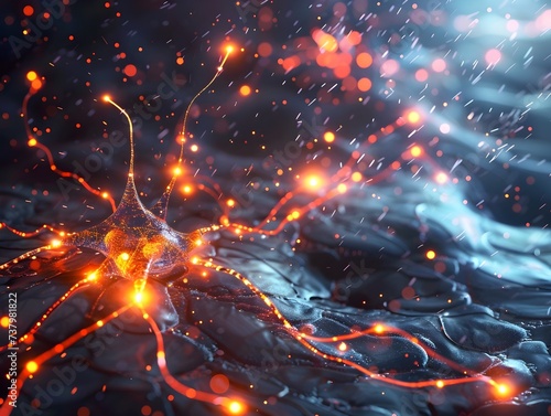 Futuristic Neuron with Orange Lights in Sci-Fi Style