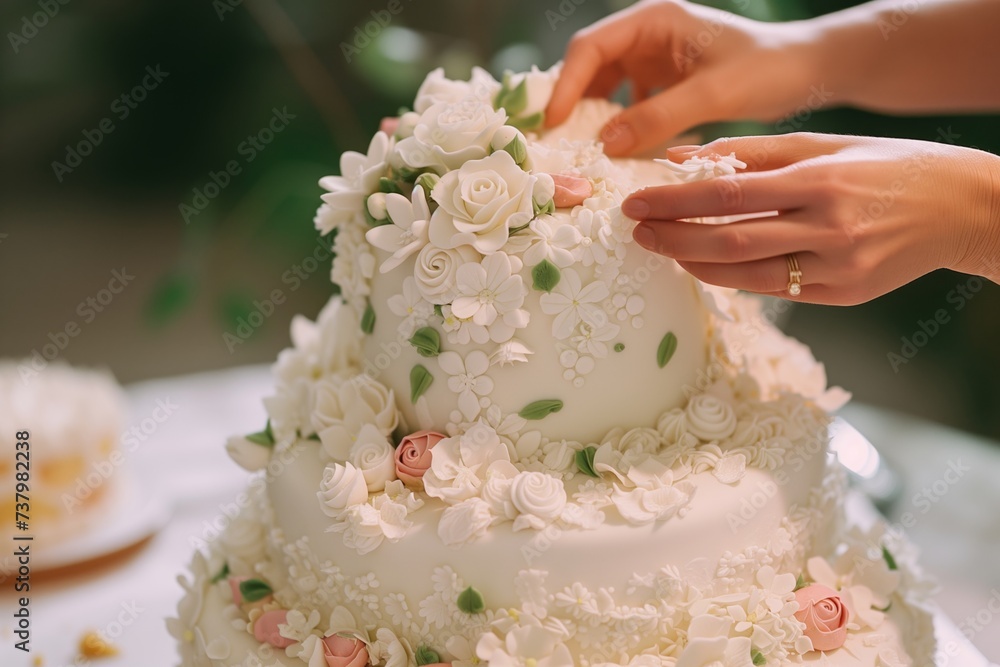 hands placing fondant flowers on a wedding cake hands placing fondant flowers on a wedding cake