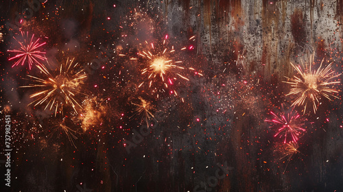 Fiery fireworks bursting over a rusty metal texture background