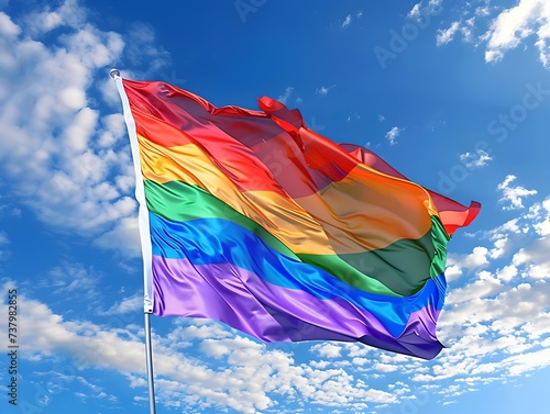 Rainbow Flag Flying High in Clear Blue Sky
