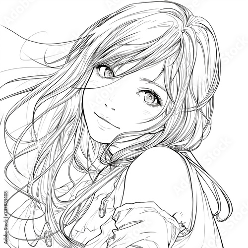 Beautiful girl with long hair. Anime style. Vector illustration ready for vinyl cutting. Coloring page, coloring book.