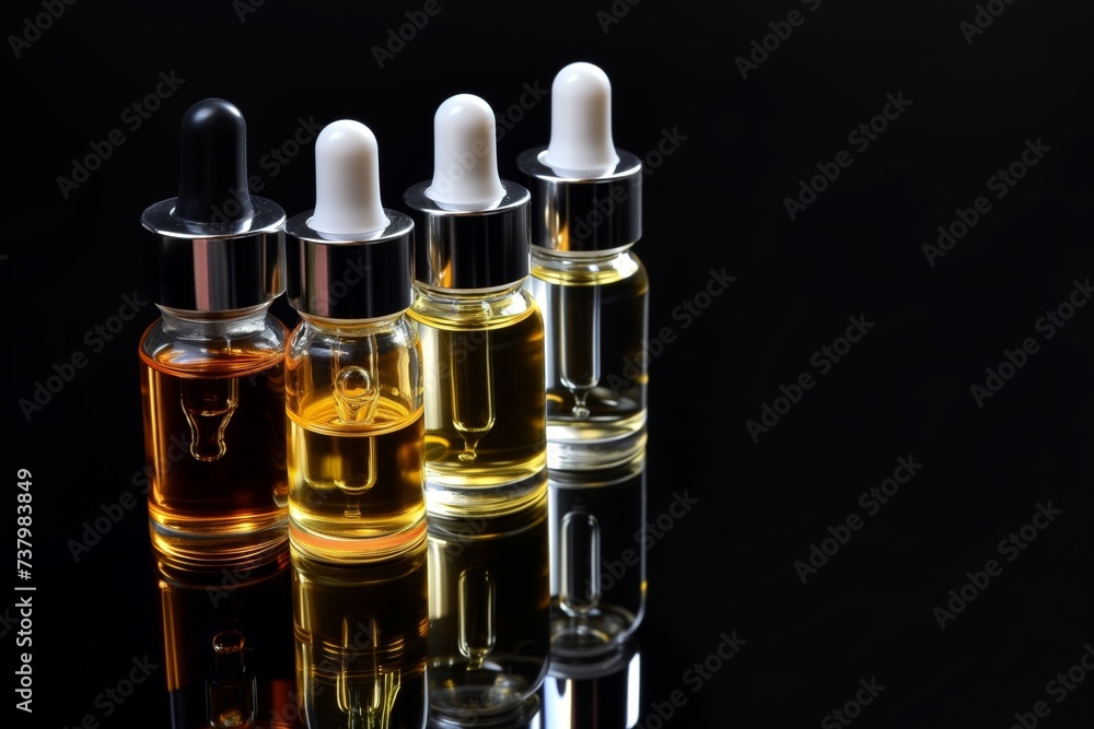 serums in glass droppers on reflective black base serums in glass droppers on reflective black base