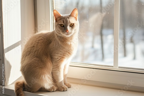 peach cat sitting on white windowsill, sunlit room
