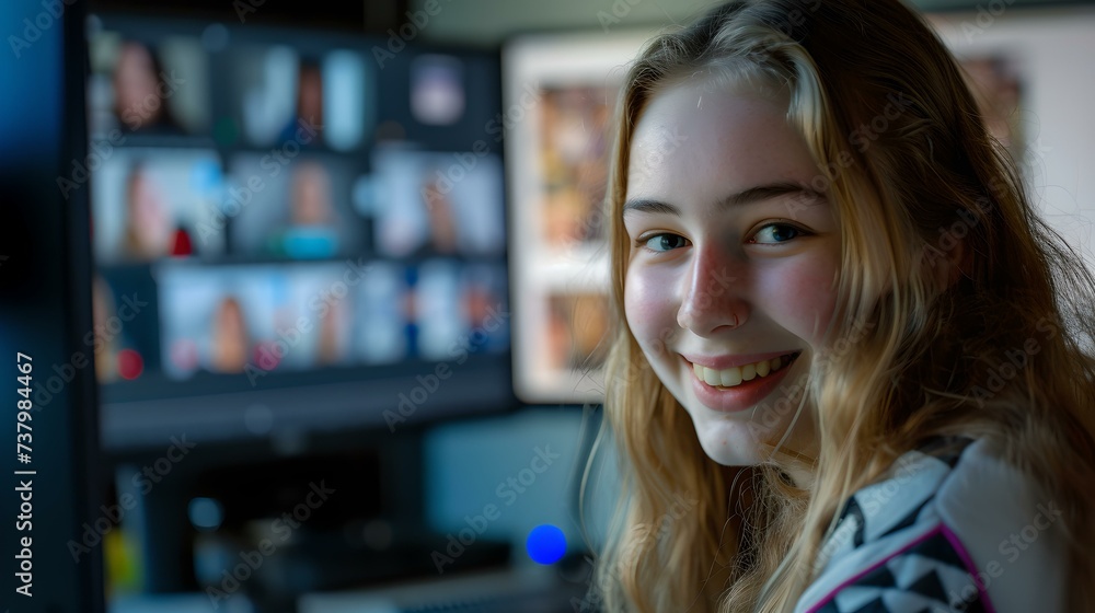 Smiling young woman in a tech environment surrounded by screens. casual style and modern workplace. friendly atmosphere captured in a photo. AI Smiling young woman in a tech environment surrounded by screens. casual style and modern workplace. friendly atmosphere captured in a photo. AI
