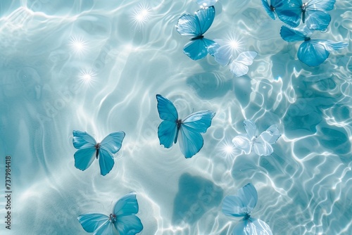 White sand beach, top view, underwater, a group of blue transparent butterflies, minimalism, wide, gaussian blur, sparkling bright ripples, light blue tint, clear art. photo