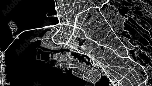 Zoom Out Road Map of Oakland California with white roads on a black background