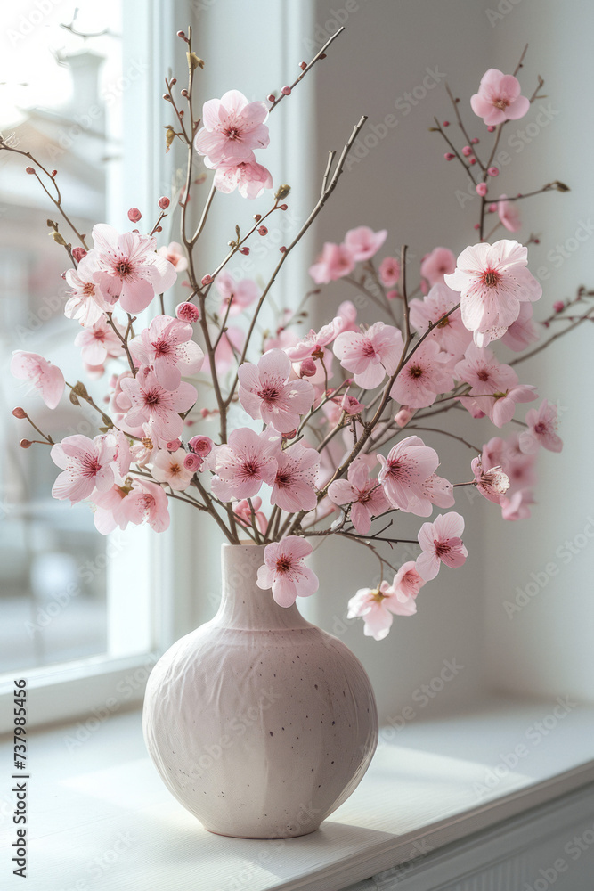 Pink flowers in beautiful vase placed on the desk in front of window background Pink flowers in beautiful vase placed on the desk in front of window background